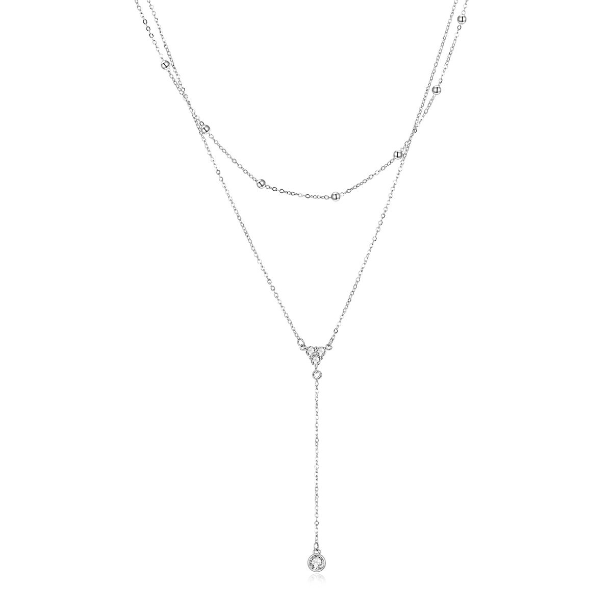 Sterling Silver Cubic Zirconia 2 Layered Y-necklace with Bead Station Chain-1