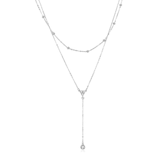 Sterling Silver Cubic Zirconia 2 Layered Y-necklace with Bead Station Chain