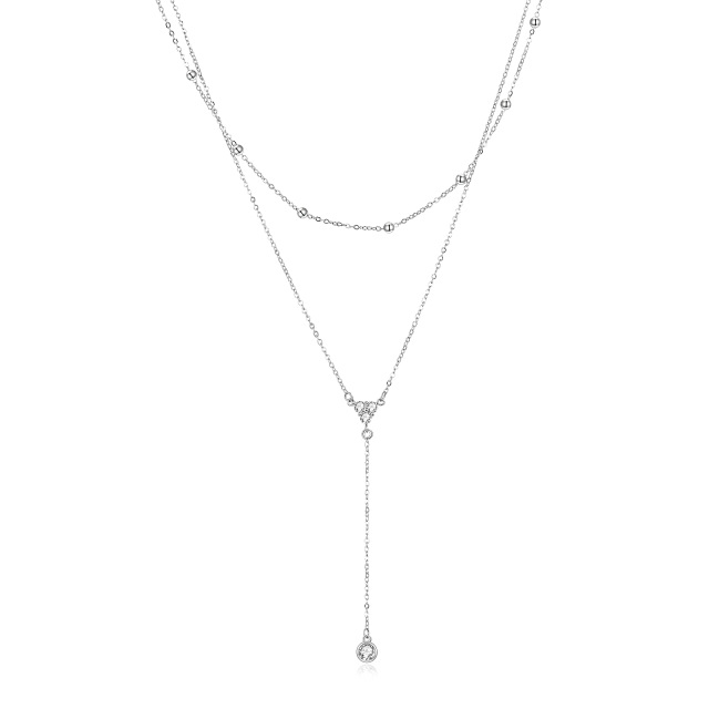 Sterling Silver Cubic Zirconia 2 Layered Y-necklace with Bead Station Chain-0