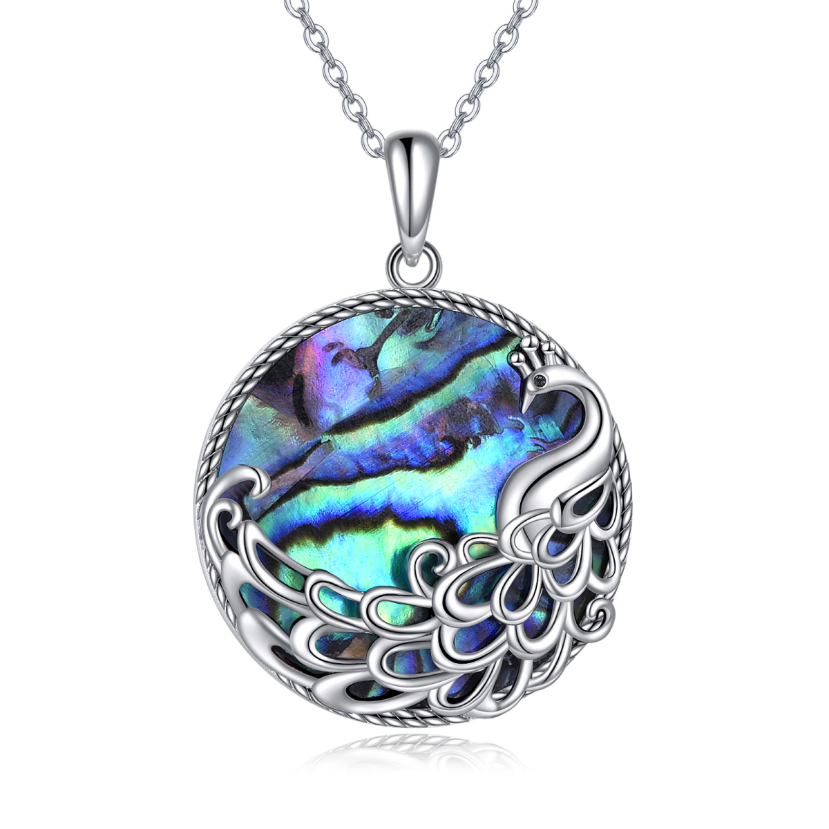 Sterling Silver Round Abalone Shellfish Peacock Pendant Necklace-1