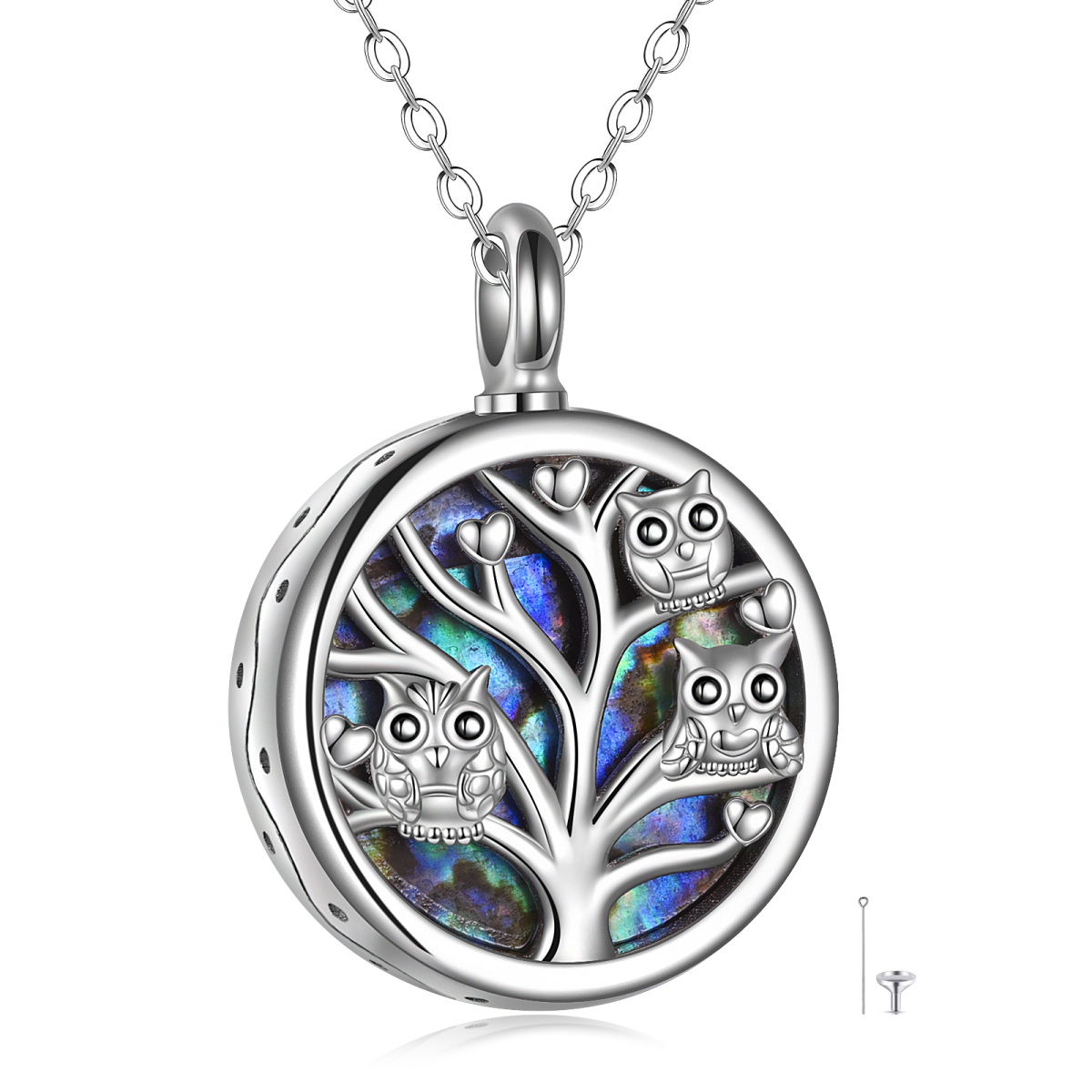 Sterling Silver Circular Shaped Abalone Shellfish Owl & Tree Of Life Urn Necklace for Ashes with Engraved Word-1