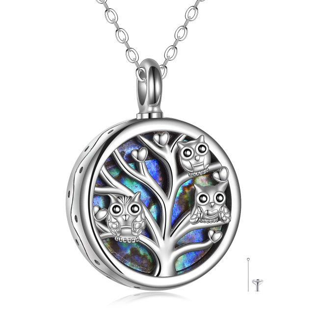 Sterling Silver Circular Shaped Abalone Shellfish Owl & Tree Of Life Urn Necklace for Ashes with Engraved Word-0