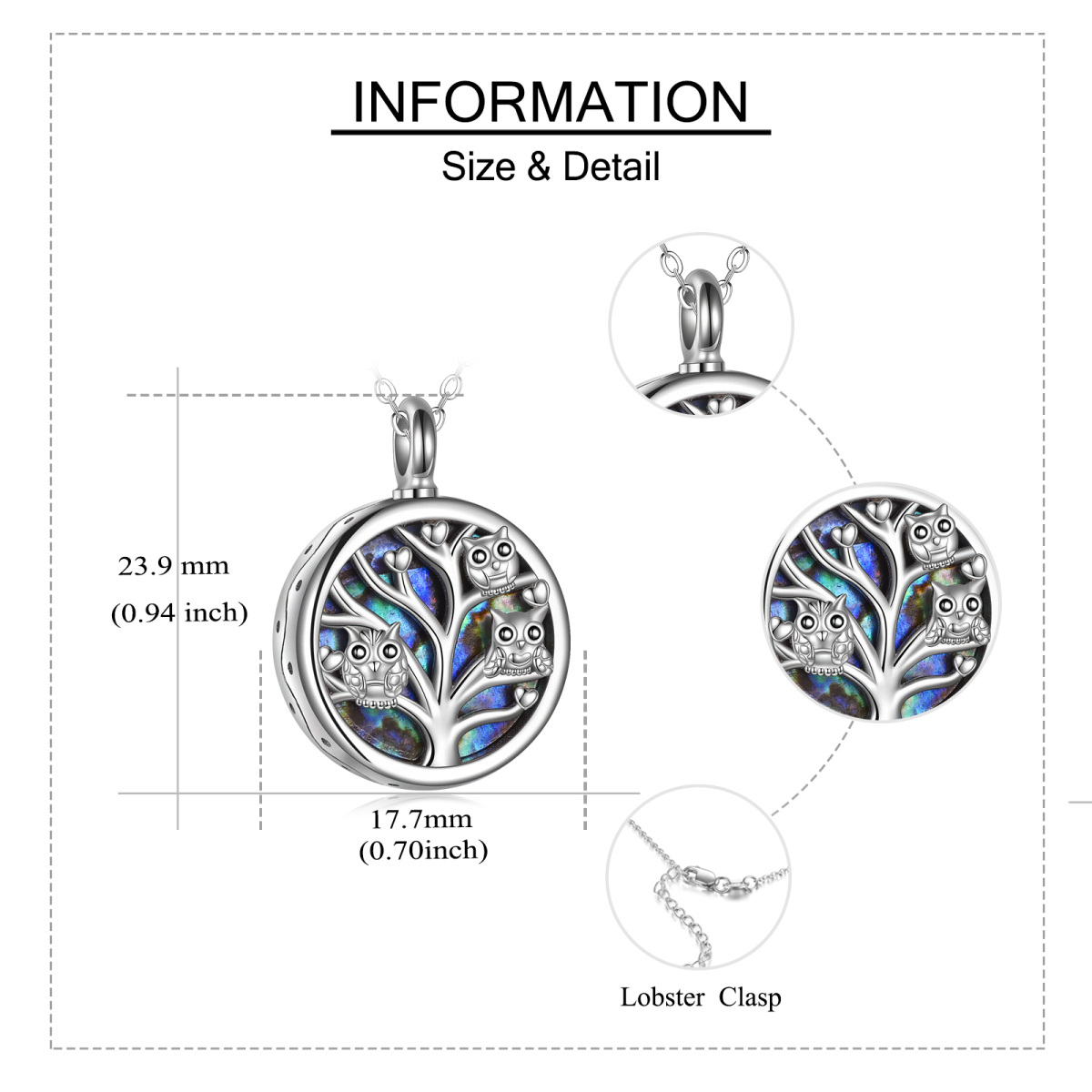 Sterling Silver Circular Shaped Abalone Shellfish Owl & Tree Of Life Urn Necklace for Ashes with Engraved Word-5