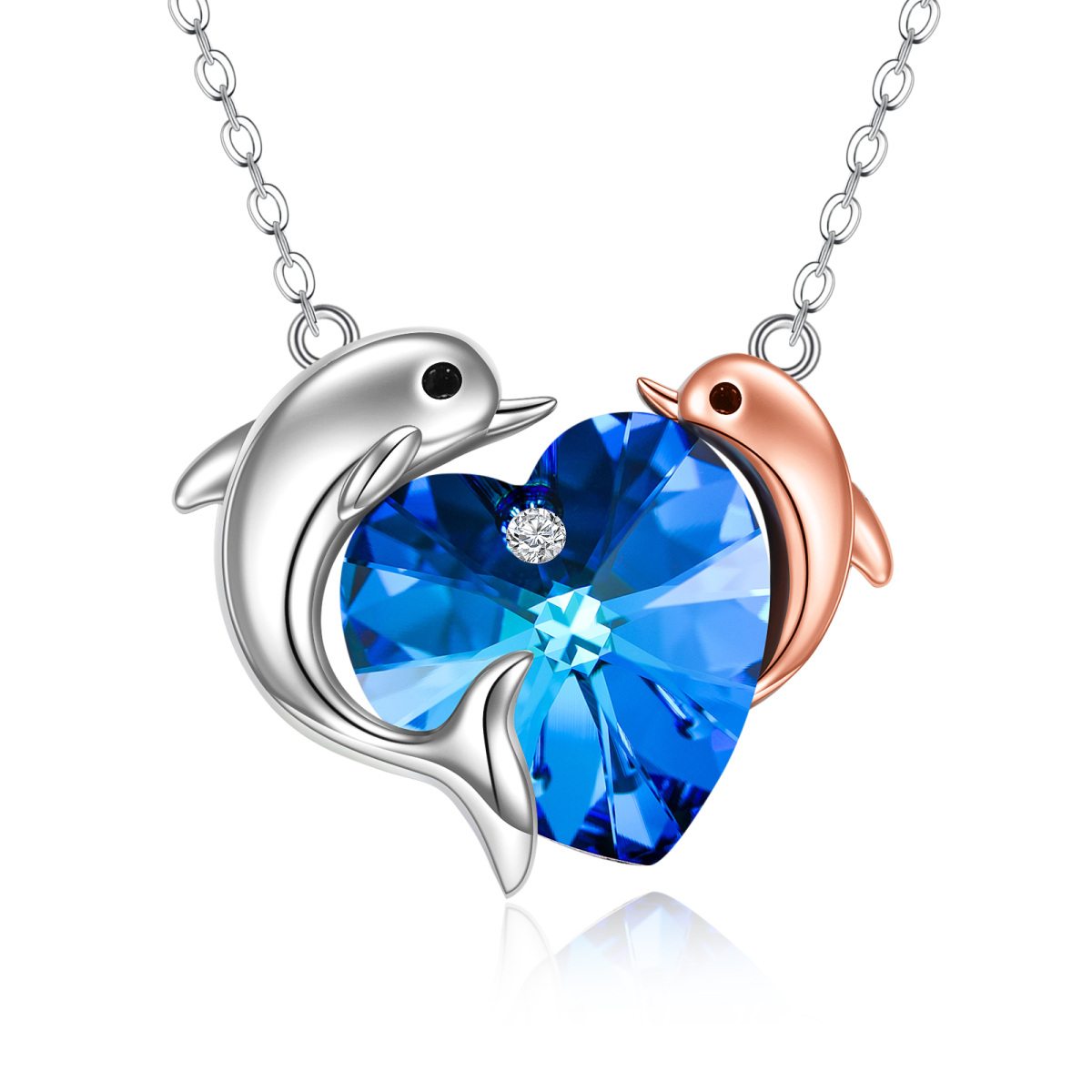 Sterling Silver Two-tone Crystal Dolphin & Heart Pendant Necklace-1