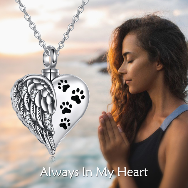 Sterling Silver Circular Shaped Cubic Zirconia Paw & Heart Urn Necklace for Ashes with Engraved Word-3