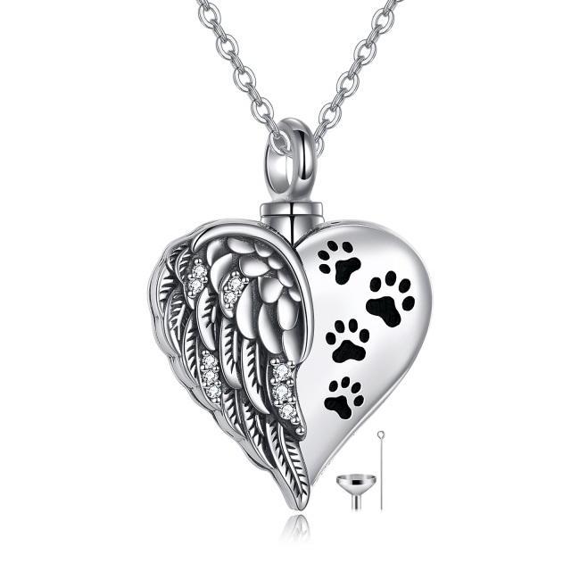 Sterling Silver Circular Shaped Cubic Zirconia Paw & Heart Urn Necklace for Ashes with Engraved Word-1