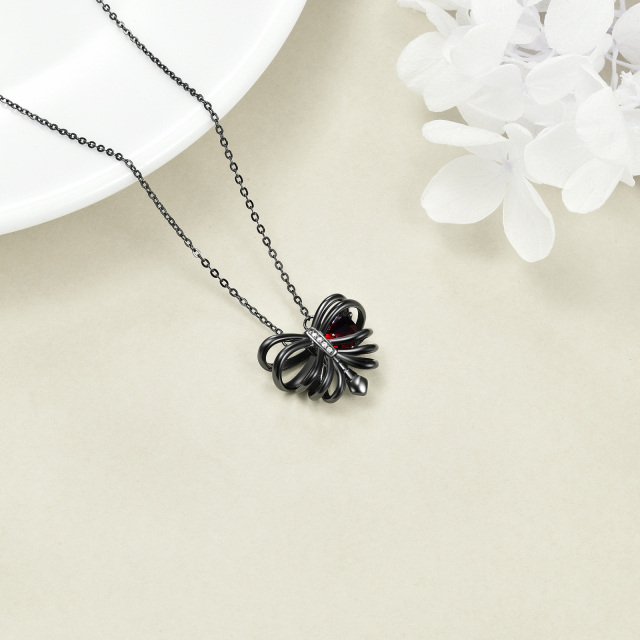 Sterling Silver with Black Rhodium Heart Zircon Butterfly & Skeleton Pendant Necklace-4