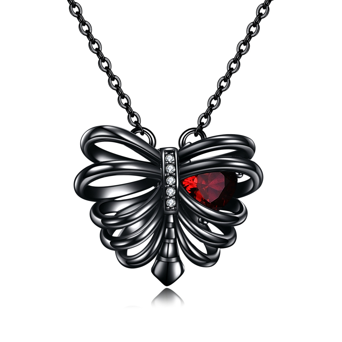 Sterling Silver with Black Color Plated Heart Zircon Butterfly & Skeleton Pendant Necklace-1