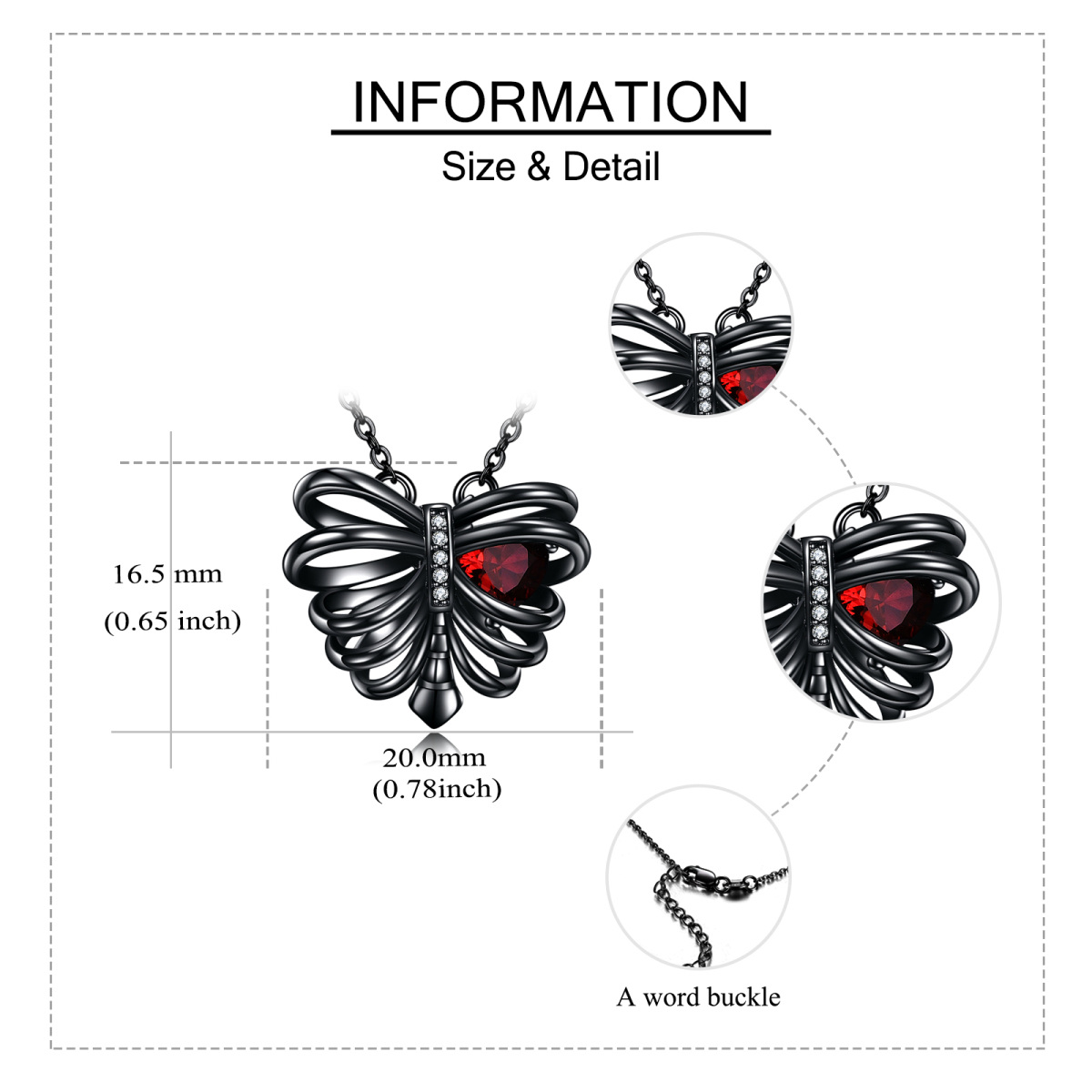 Collar con colgante de esqueleto de mariposa y circonitas en forma de corazón de plata de ley con rodio negro-6