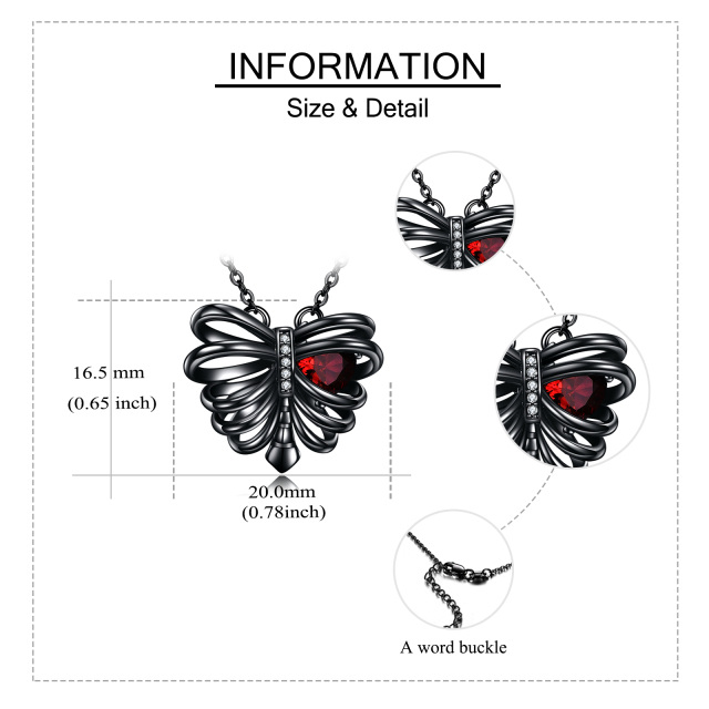 Sterling Silver with Black Rhodium Heart Zircon Butterfly & Skeleton Pendant Necklace-5