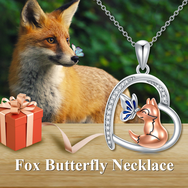 Sterling Silver with Rose Gold Plated Circular Shaped Cubic Zirconia Butterfly & Fox & Heart Pendant Necklace-2