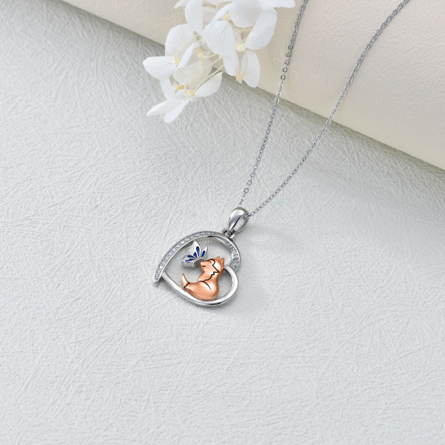 Sterling Silver with Rose Gold Plated Circular Shaped Cubic Zirconia Butterfly & Fox & Heart Pendant Necklace-4