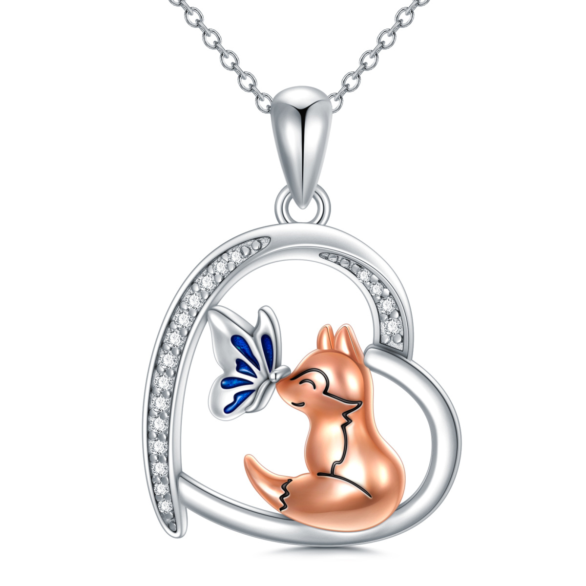 Sterling Silver with Rose Gold Plated Circular Shaped Cubic Zirconia Butterfly & Fox & Heart Pendant Necklace-1