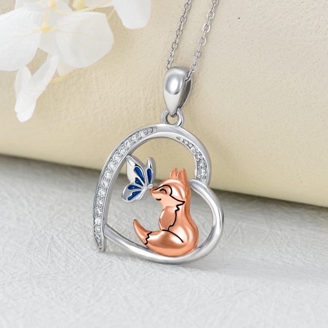 Sterling Silver with Rose Gold Plated Circular Shaped Cubic Zirconia Butterfly & Fox & Heart Pendant Necklace-3