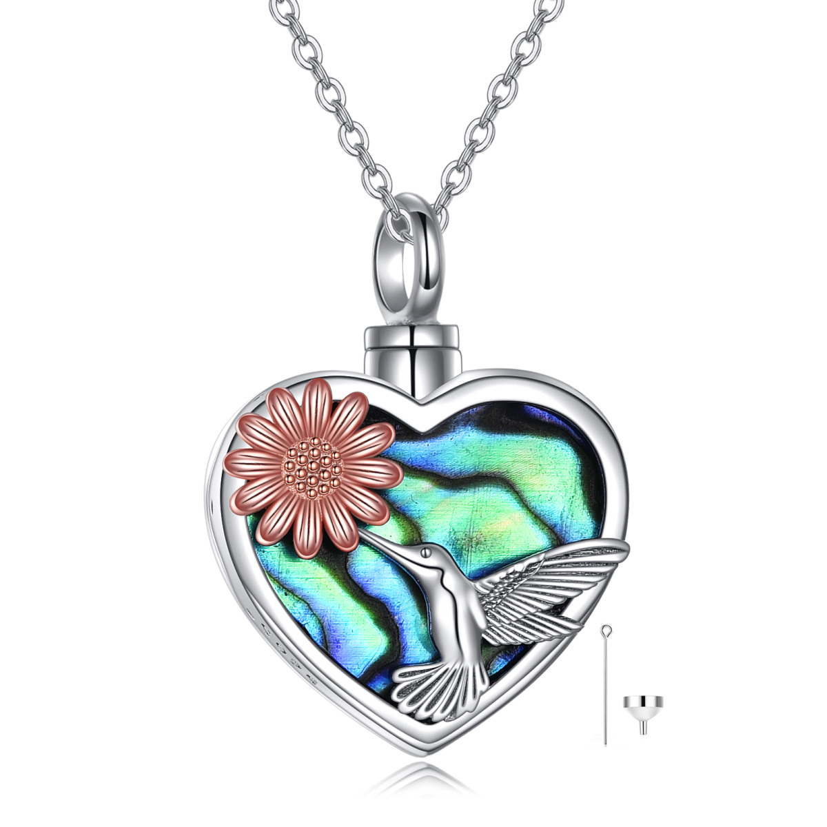 Sterling Silber zweifarbig Abalone Muscheln Kolibri & Sonnenblume & Herz Urne Halskette fü-1