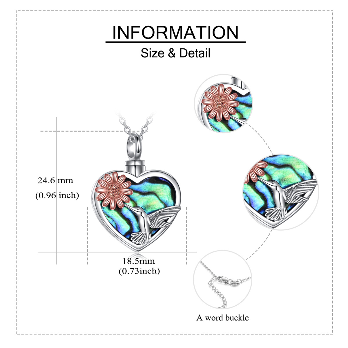 Sterling Silver Two-tone Abalone Shellfish Hummingbird & Sunflower & Heart Urn Necklace for Ashes-5