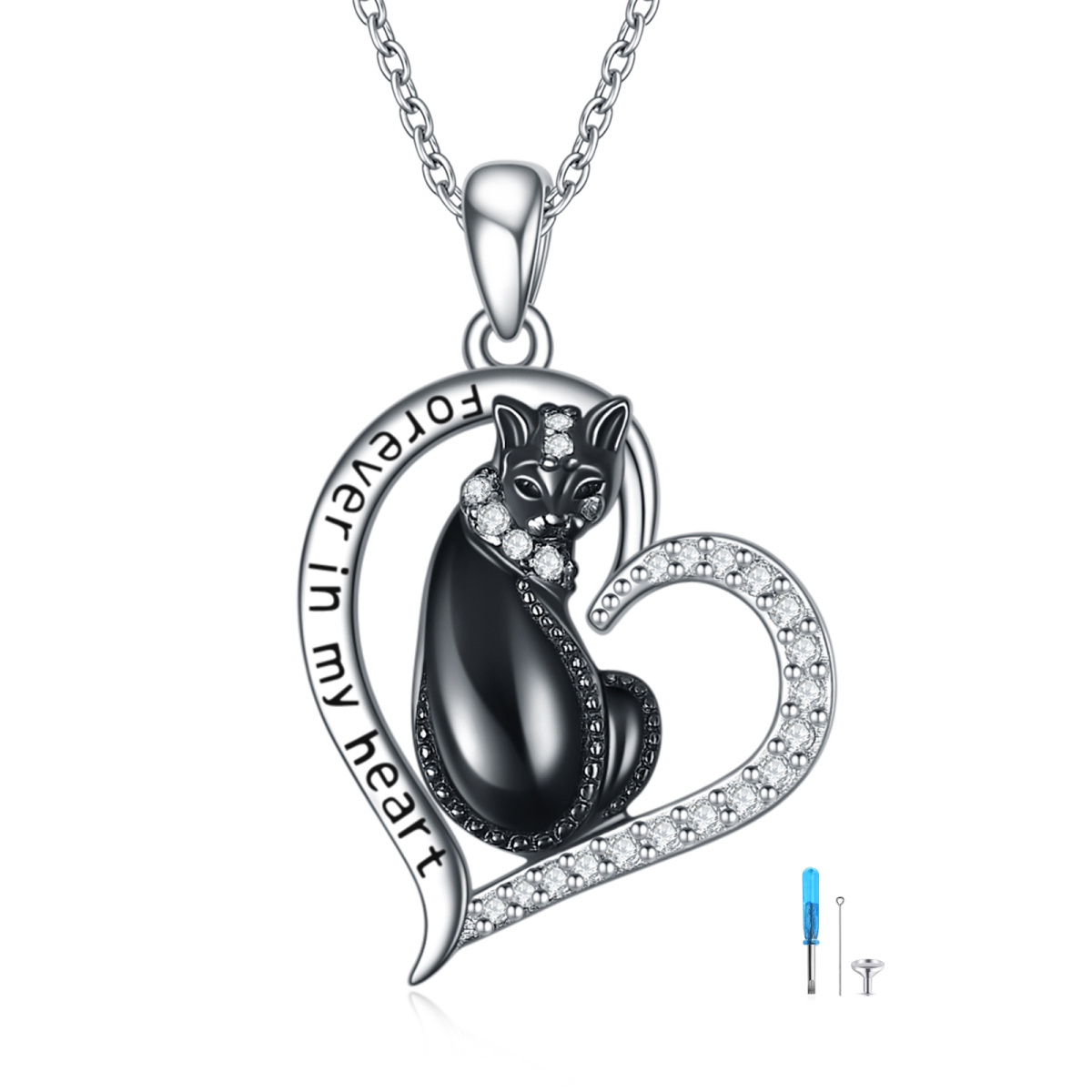Sterling Silver Two-tone Circular Shaped Cubic Zirconia Cat & Heart Urn Necklace for Ashes with Engraved Word-1