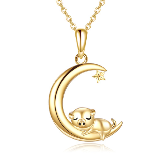 Collana con ciondolo a forma di maiale e luna in oro 14K