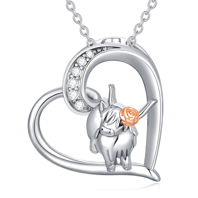 Sterling Silver Two-tone Highland Cow & Heart Pendant Necklace-0