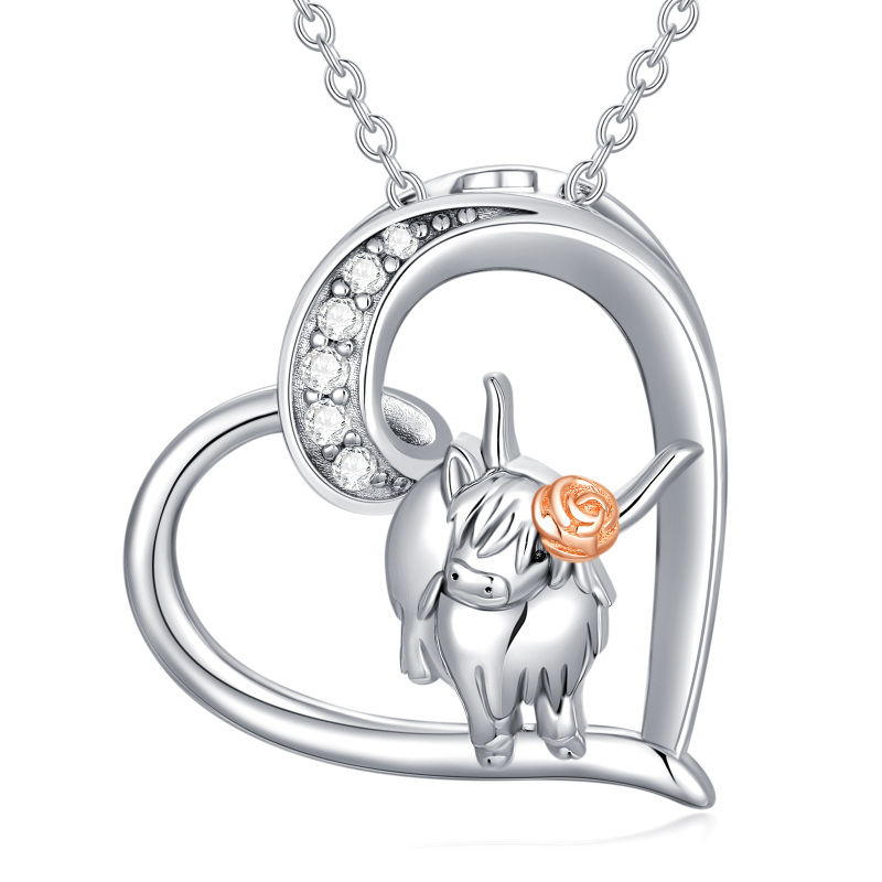 Sterling Silver Two-tone Highland Cow & Heart Pendant Necklace
