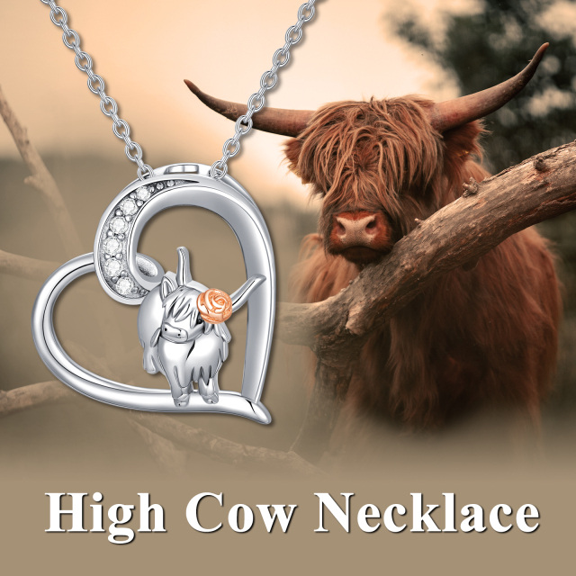 Sterling Silver Two-tone Highland Cow & Heart Pendant Necklace-3