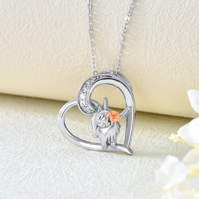 Sterling Silver Two-tone Highland Cow & Heart Pendant Necklace-3