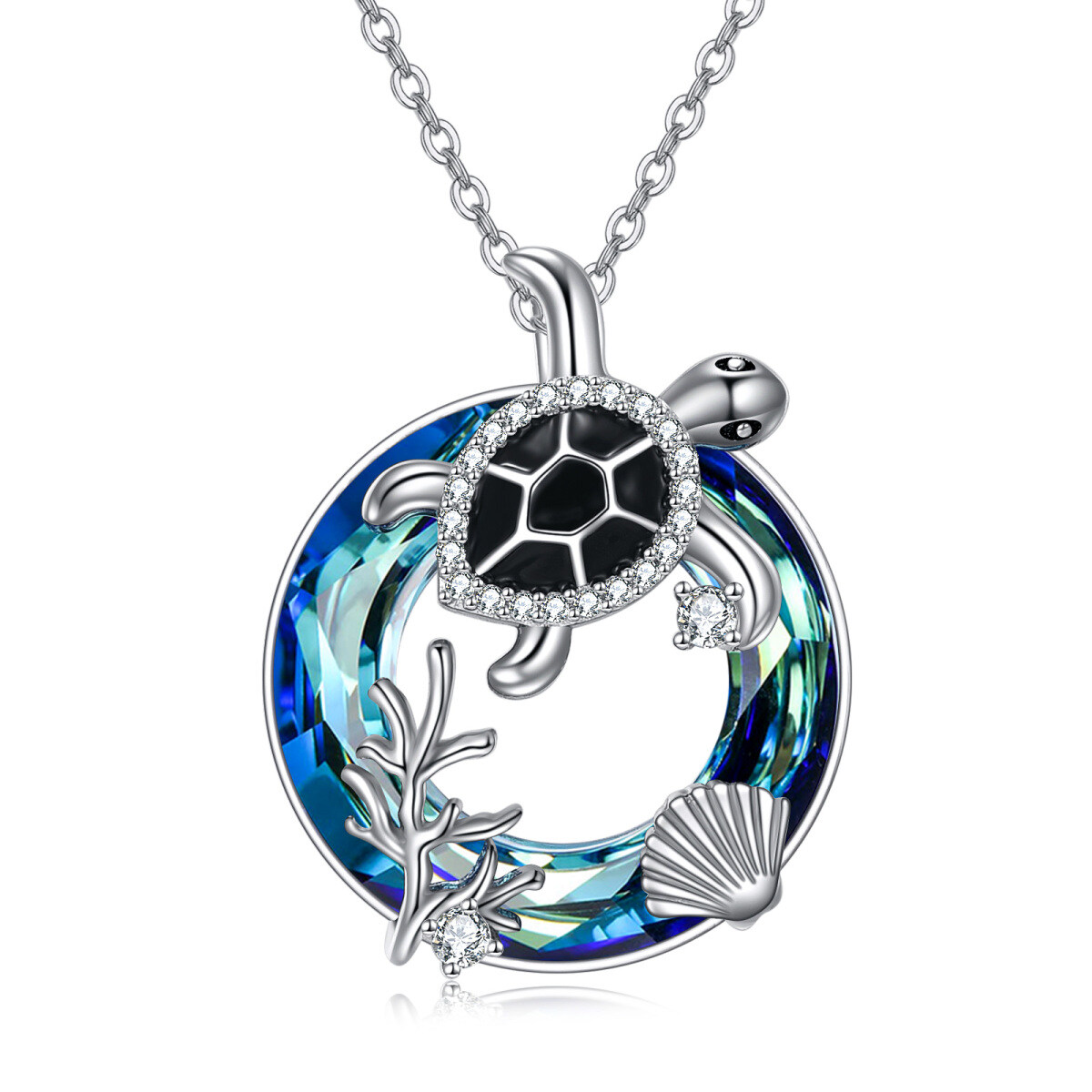 Sterling Silver Circular Shaped Crystal Sea Turtle Pendant Necklace-1
