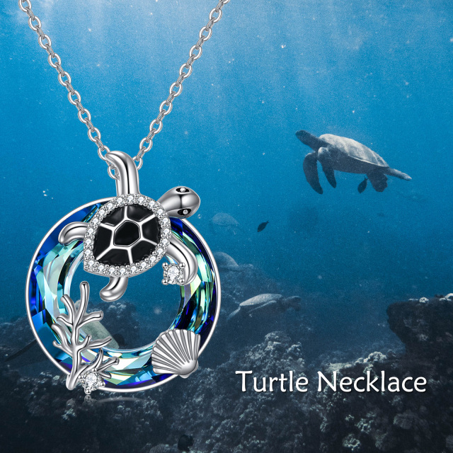 Sterling Silver Circular Shaped Crystal Sea Turtle Pendant Necklace-5