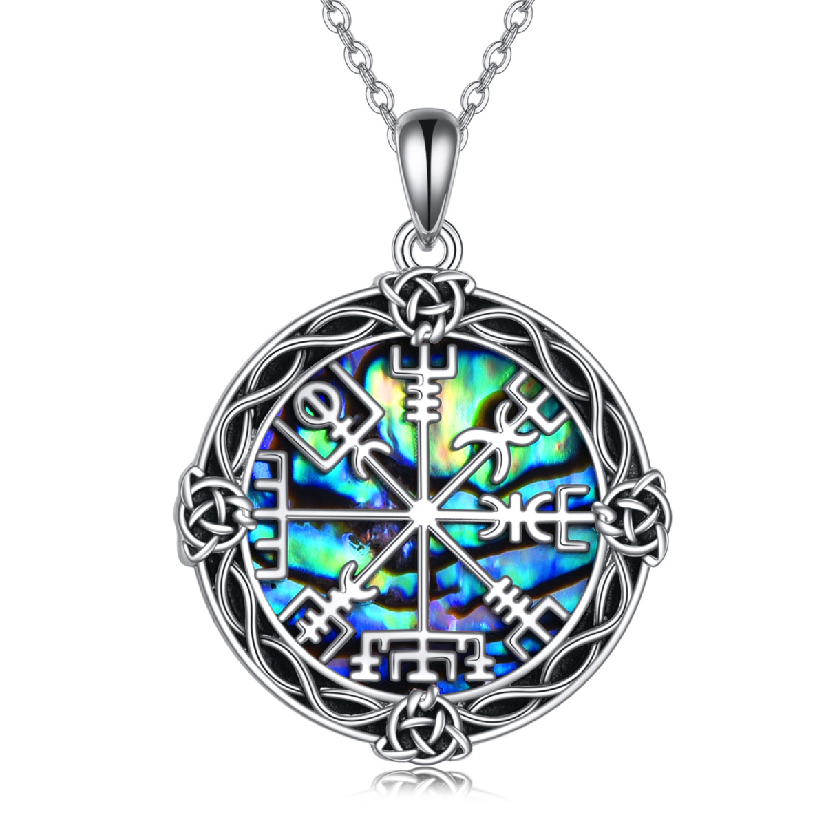 Sterling Silver Circular Shaped Abalone Shellfish Celtic Knot & Compass Pendant Necklace-1