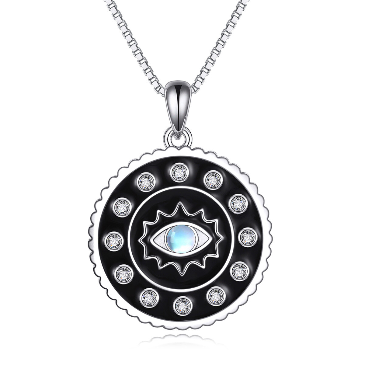 Sterling Silver Circular Shaped Moonstone Evil Eye Pendant Necklace-1