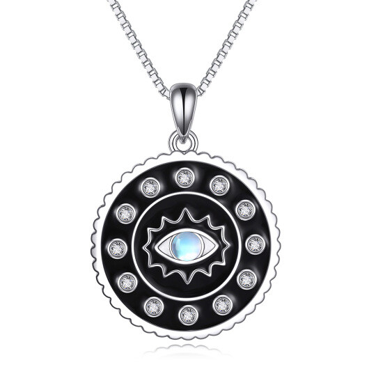 Sterling Silver Circular Shaped Moonstone Evil Eye Pendant Necklace
