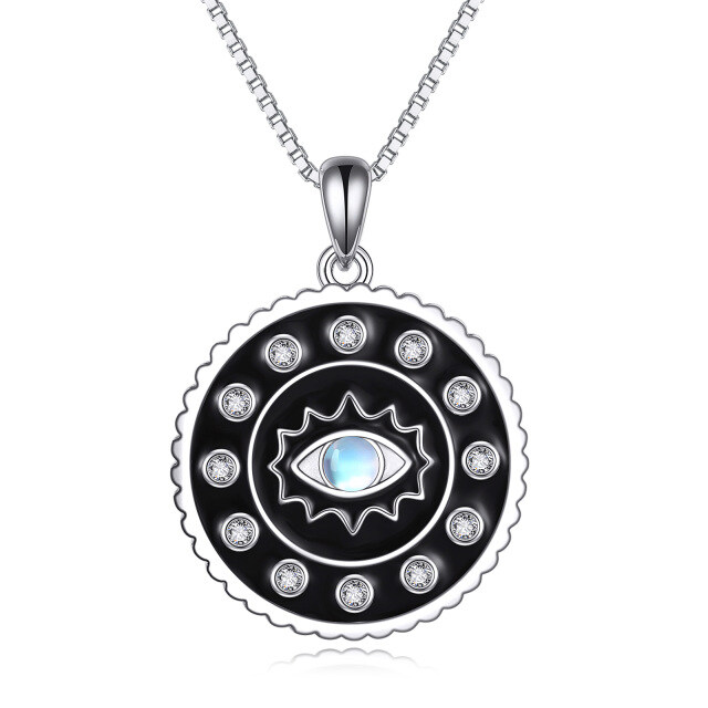 Sterling Silber kreisförmig Mondstein Evil Eye Anhänger Halskette-0