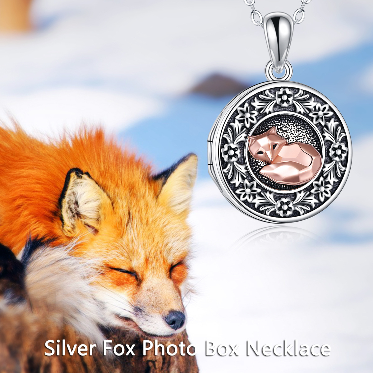 Sterling Silver Two-tone Round Fox Personalized Photo Locket Necklace-6