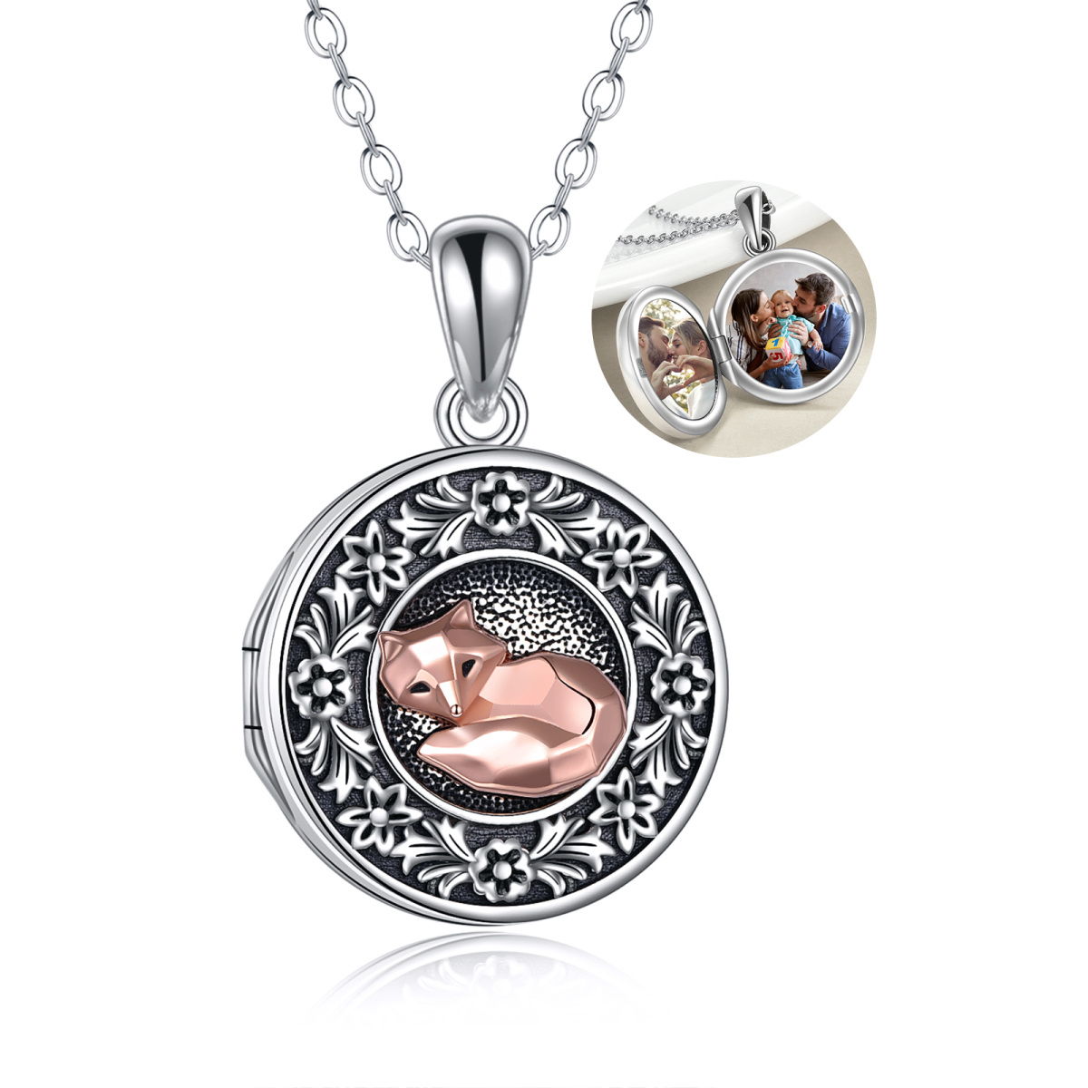 Sterling Silver Two-tone Round Fox Personalized Photo Locket Necklace-1