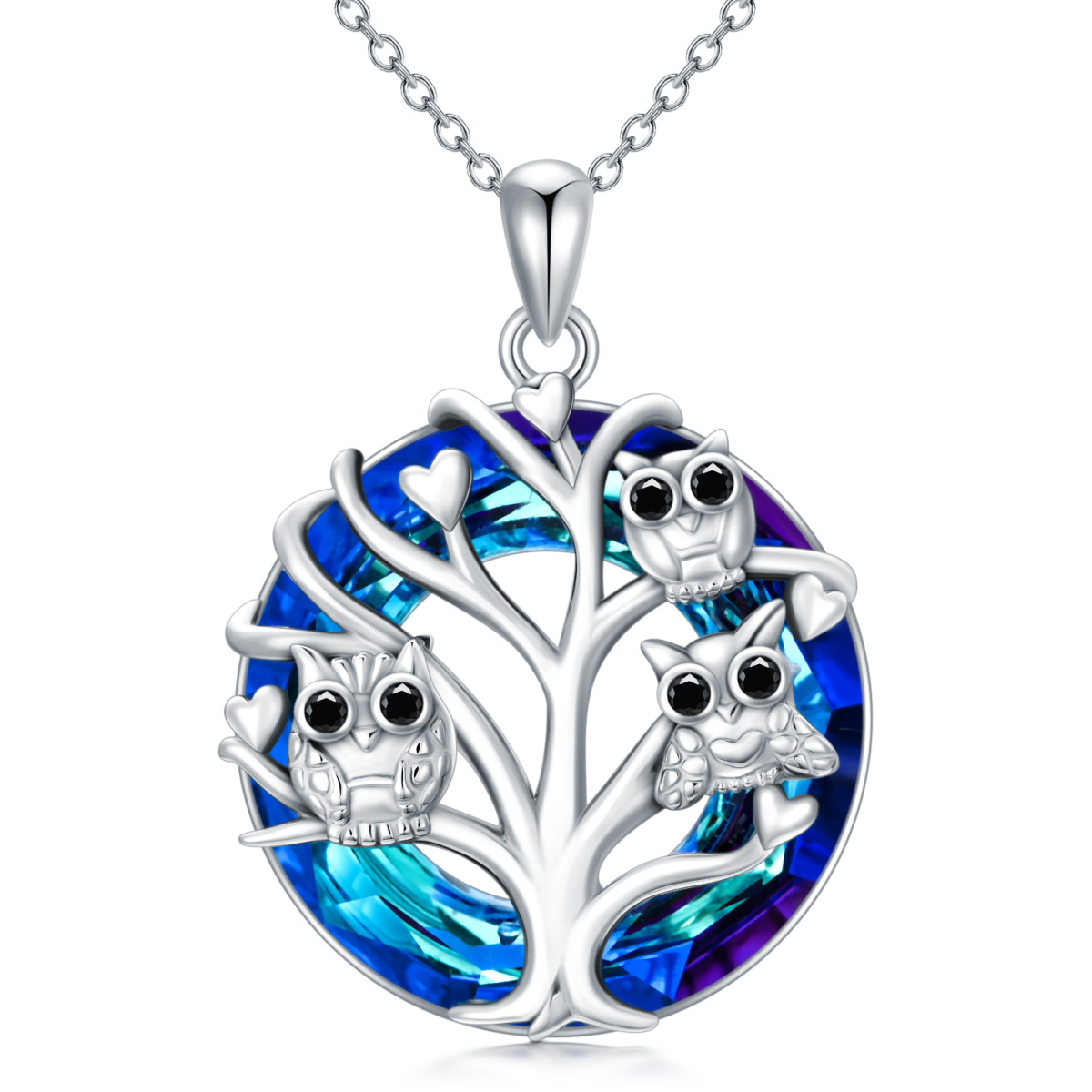 Sterling Silver Owl on Tree Of Life Blue Crystal Pendant Necklace-1