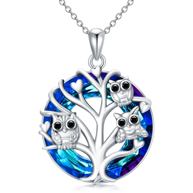 Sterling Silver Owl on Tree Of Life Blue Crystal Pendant Necklace-0