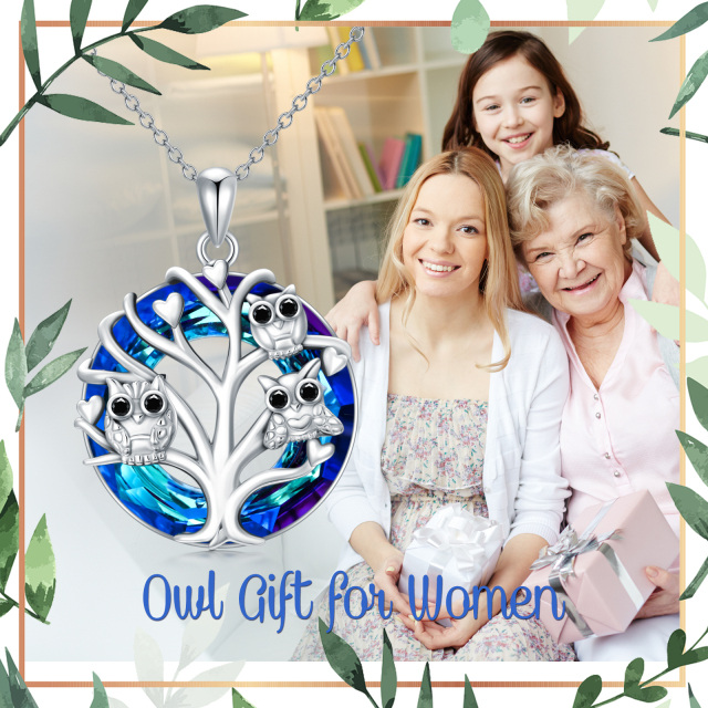 Sterling Silver Owl on Tree Of Life Blue Crystal Pendant Necklace-4