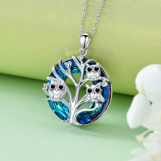 Sterling Silver Owl on Tree Of Life Blue Crystal Pendant Necklace-2