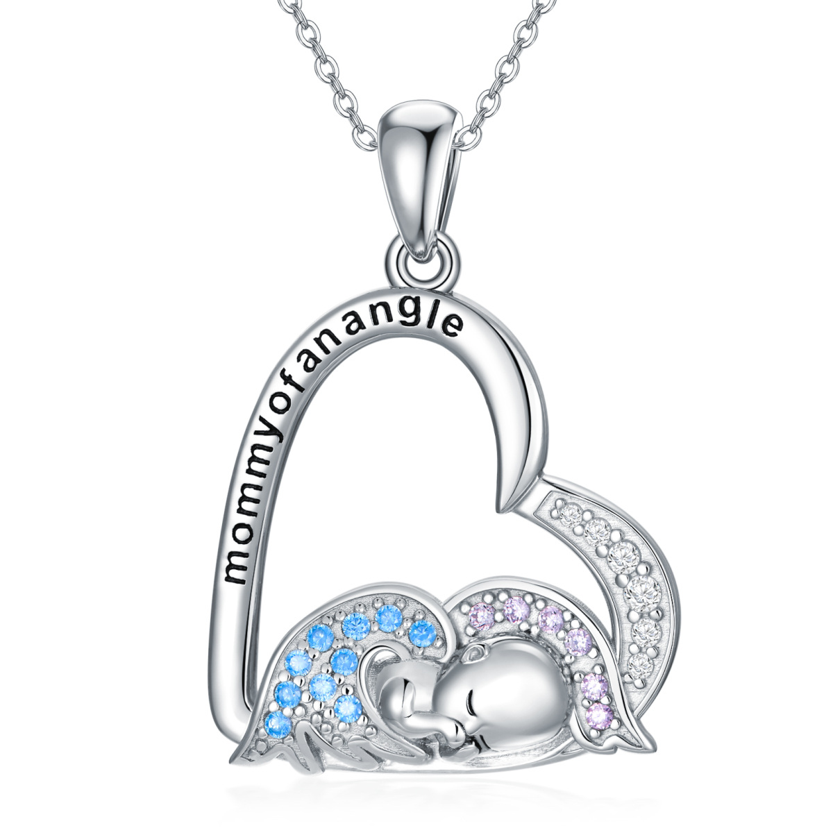Sterling Silver Heart Mother of An Angel Pendant Necklace with Engraved Word-1