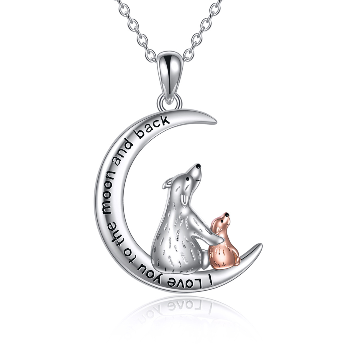 Sterling Silver Two-tone Bear & Moon Pendant Necklace with Engraved Word-1