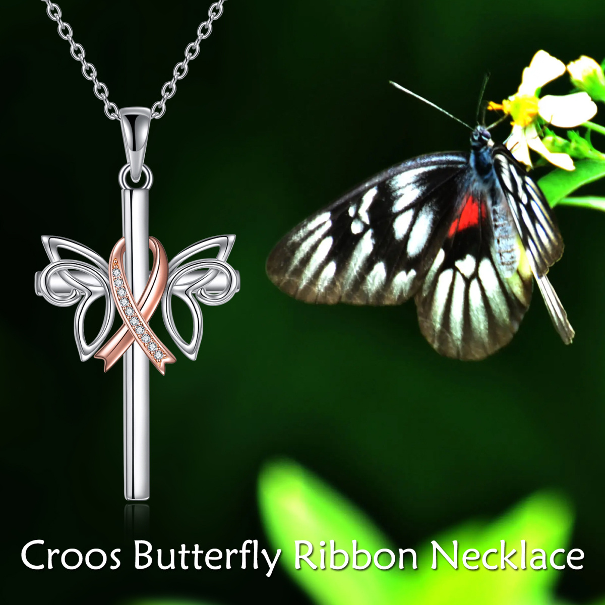 Sterling Silver Two-tone Circular Shaped Cubic Zirconia Butterfly & Cross Pendant Necklace-6