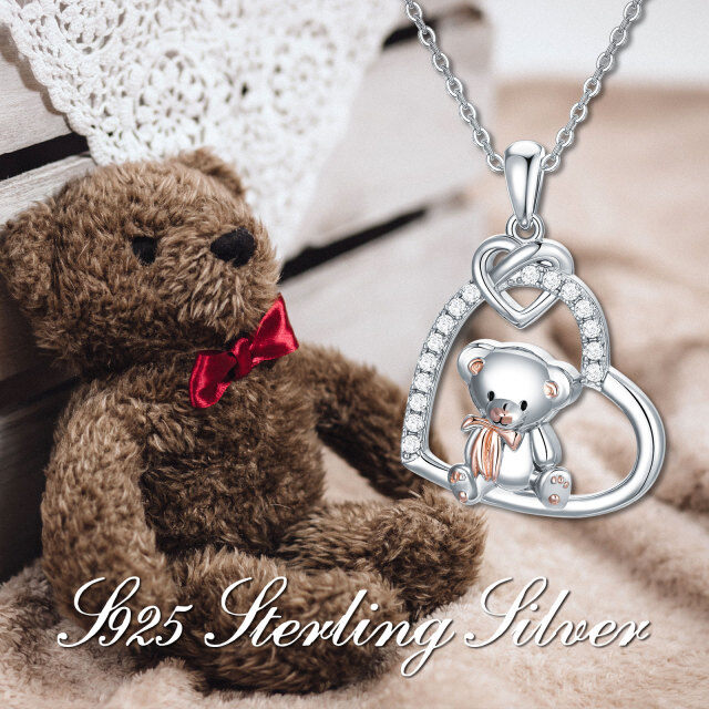 Sterling Silver Two-tone Cubic Zirconia Bear & Heart Pendant Necklace-2