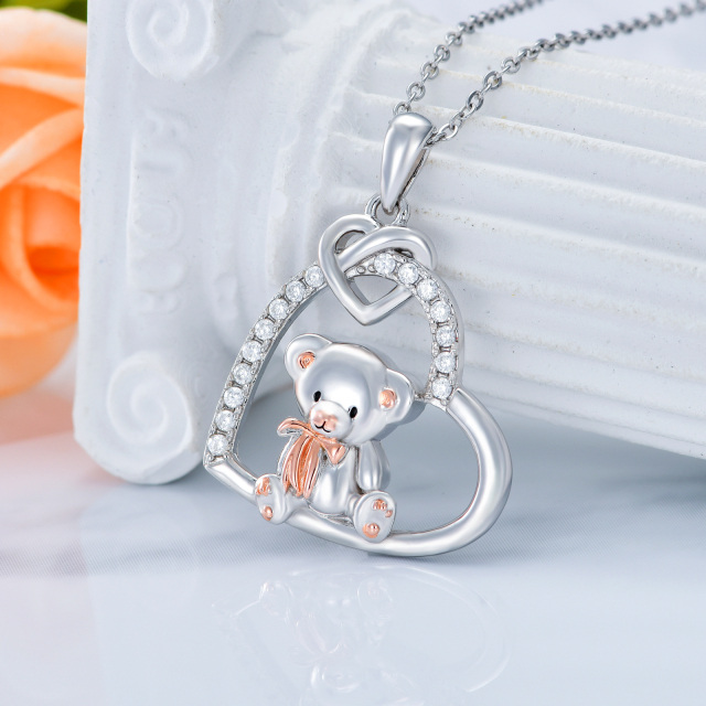 Sterling Silver Two-tone Cubic Zirconia Bear & Heart Pendant Necklace-3