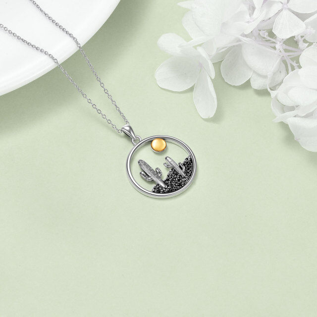 Sterling Silver Two-tone Cactus & Sun Pendant Necklace-3