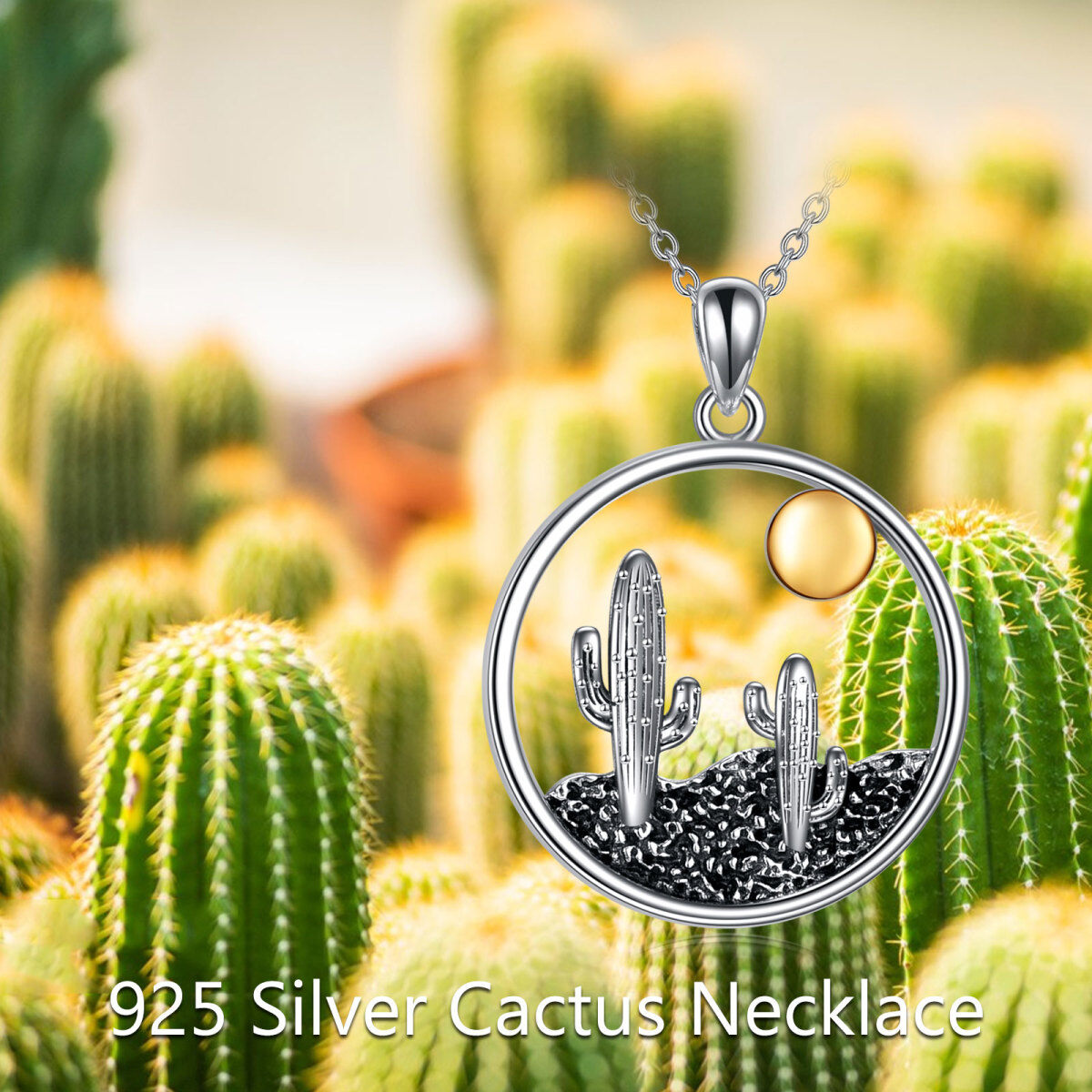 Sterling Silver Two-tone Cactus & Sun Pendant Necklace-6