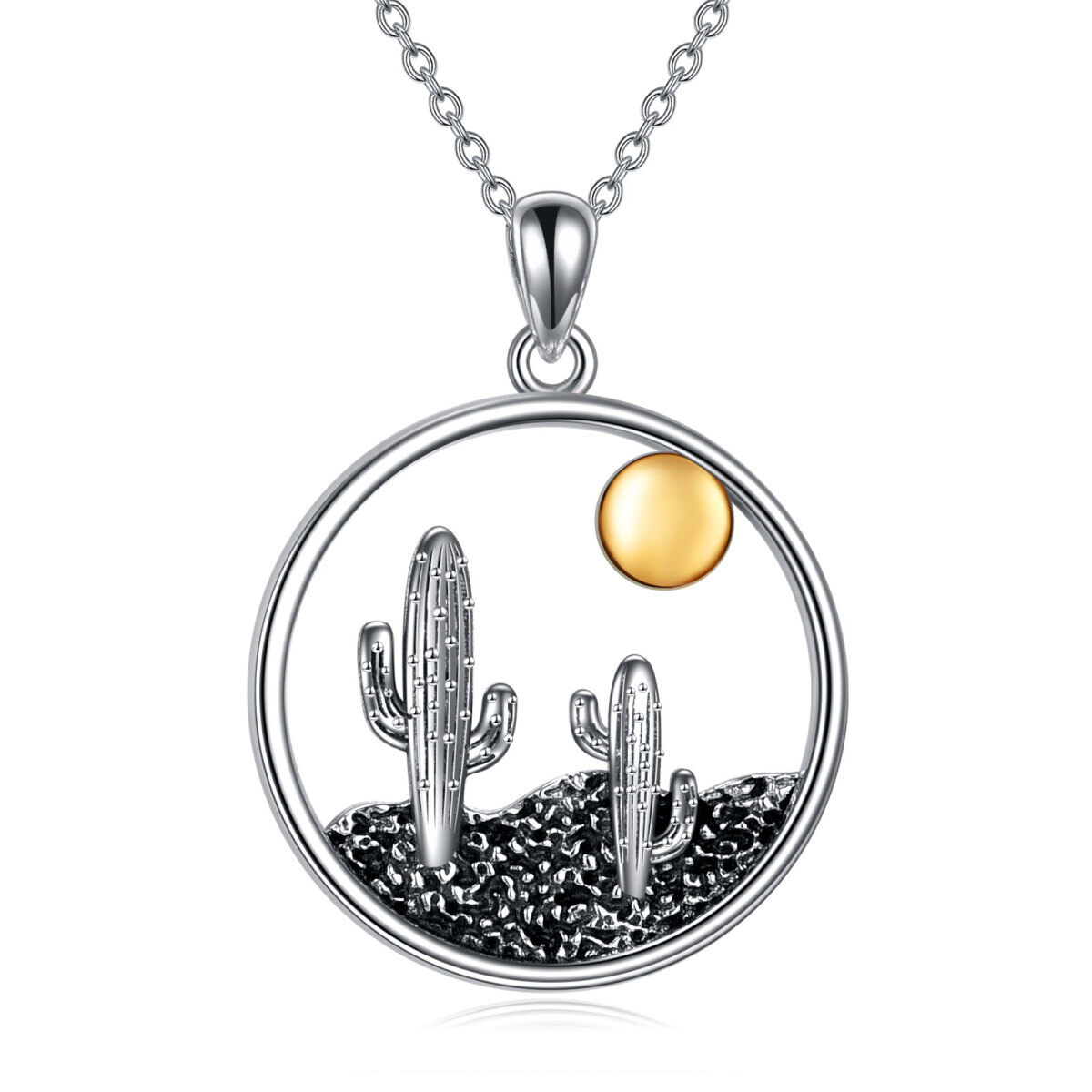Sterling Silver Two-tone Cactus & Sun Pendant Necklace-1