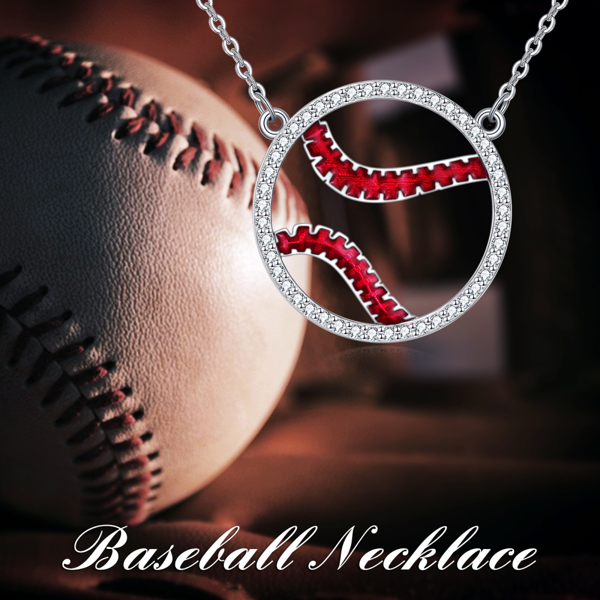 Sterling Silver Zircon Baseball Pendant Necklace-6