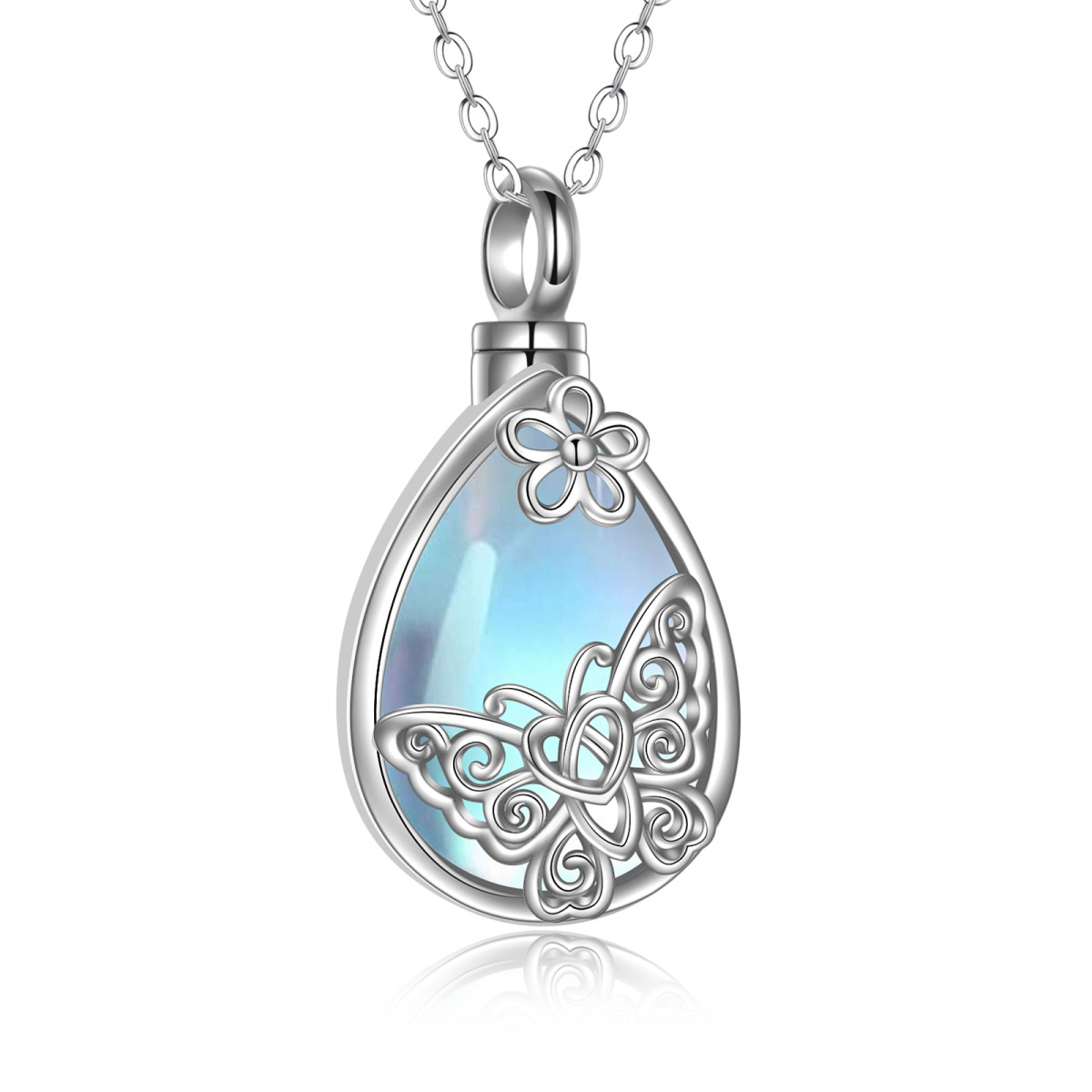 Sterling Silver Moonstone Butterfly & Drop Shape Urn Necklace for Ashes with Engraved Word-1