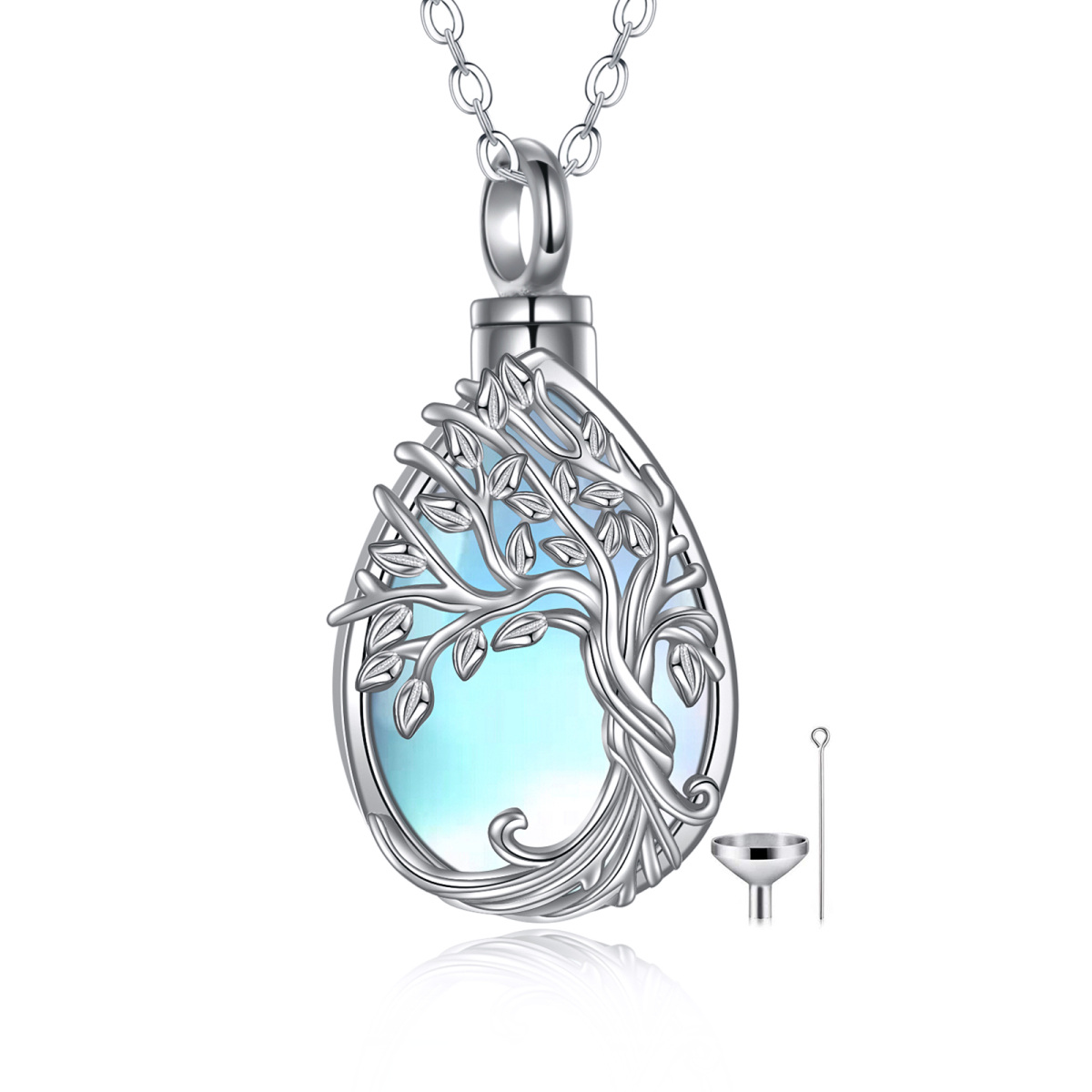 Sterling Silver Moonstone Tree Of Life Urn Necklace for Ashes with Engraved Word-1
