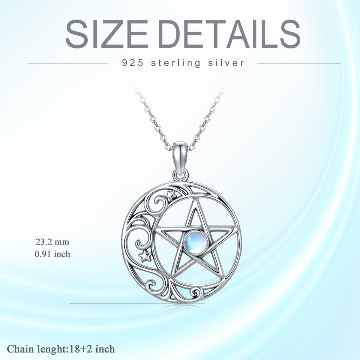 Sterling Silber Runde Mondstein Mond & Pentagramm Anhänger Halskette-6